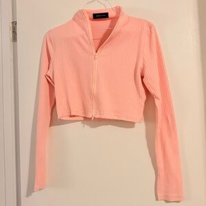 White Fox Light Pink Ribbed Crop Top Zip Up Large